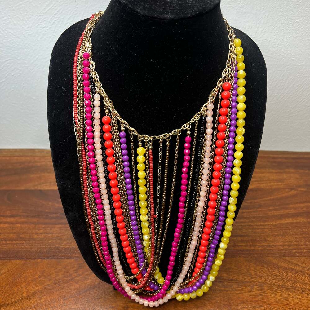 BOHO Multi-Strand Multicolor Layered Resin and Glass Beaded Statement Necklace